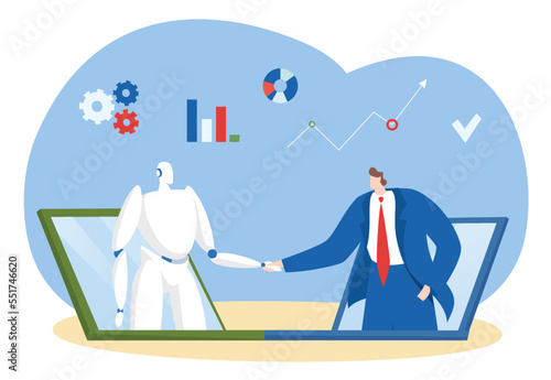 Online modern business artificial intelligence technology, robot work together with businessman flat vector illustration, isolated on white.