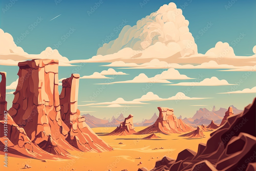 Desert valley landscape with bone dry rocky sand plains and towering eroded sandstone rock formation cliffs. Generative Ai