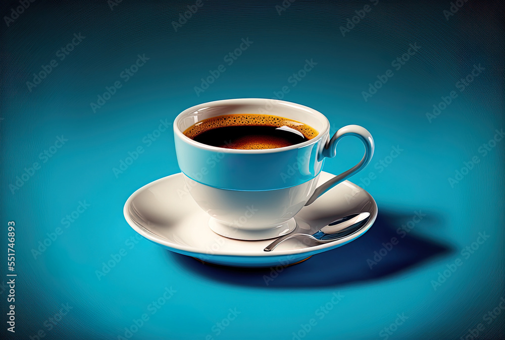 Fototapeta premium Espresso coffee in a little white porcelain cup on a vivid blue background.. Generative AI