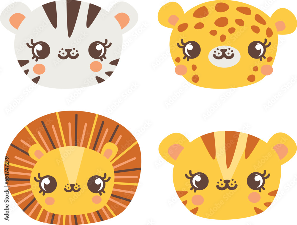 Vector set of muzzles of wild cats. Tiger, Bengal tiger, lion, leopard. Cute animal faces on white background Vector set of muzzles of wild cats. Tiger, Bengal tiger, lion, leopard. Cute animal faces on white background