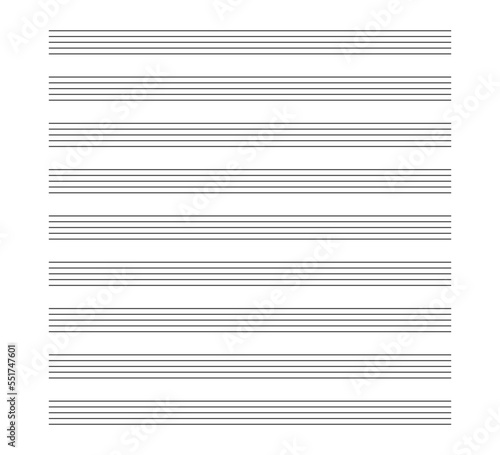 Music blank note stave. Blank classical music paper sheet for school. Note book line grid for melody and songs. Vector illustration isolated on white background.