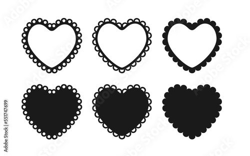 Scalloped edge heart shapes set. Simple heart scalloped border. Fabric laces silhouette frame. Repeat cute vintage frill ornament. Texture ribbons. Vector illustration isolated on white background.