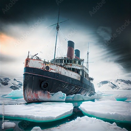 Fotografia Steam ship stuck in the ice, Generative IA