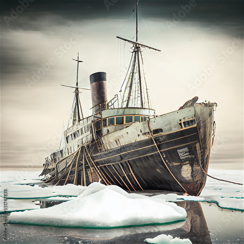 Canvas Print Steam ship stuck in the ice, Generative IA