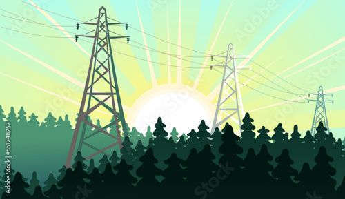 High voltage power line. Taiga landscape. Energy supply. Metal frame poles support wires. Cartoon fun style. Flat design. Vector