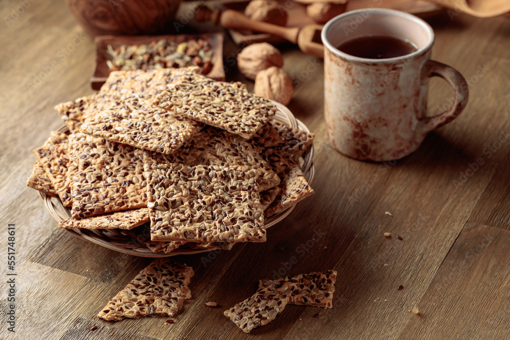 Crispy crackers with sunflower seeds and flax seeds. Crispy crackers with sunflower seeds and flax seeds.