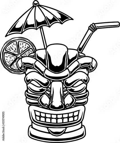 Illustration of Tiki tribal wooden mask. Design element for logo, emblem, sign, poster, card, banner. Vector illustration