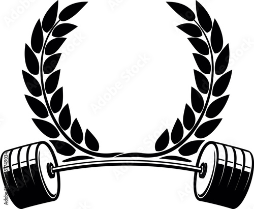 Emblem template with barbell and wreath. Design element for logo, sign, emblem. Vector illustration