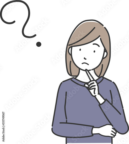 考える女性とクエスチョンマーク