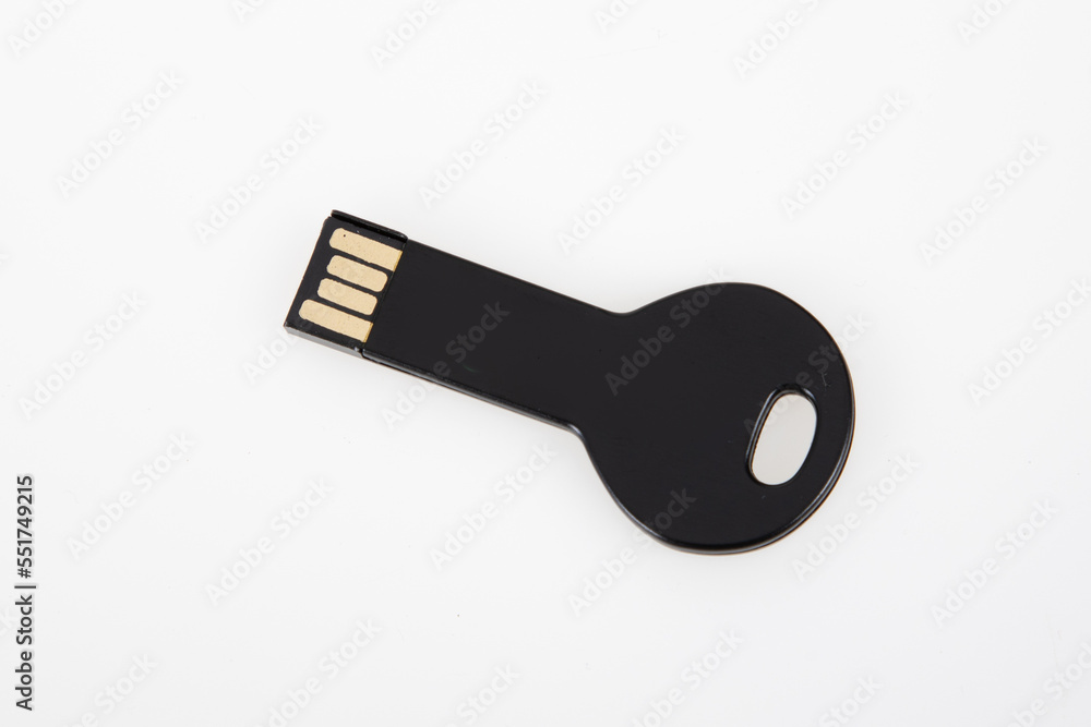 black modern USB Flash Drives memory key in white background Stock
