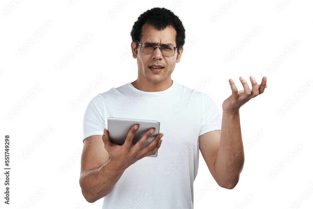 PNG shot of a man using a digital tablet while standing against a grey background PNG shot of a man using a digital tablet while standing against a grey background