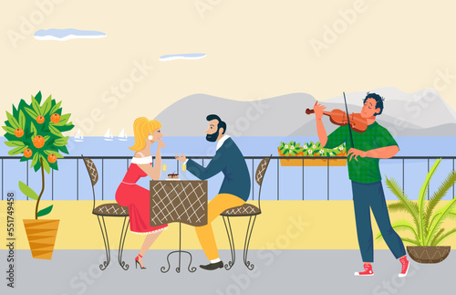 Lovely couple male and female romantic dinner on restaurant cozy terrace, musician play on violin flat vector illustration.