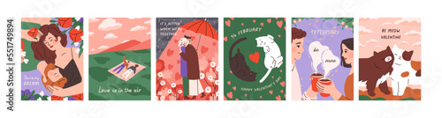 Postcards templates set for Saint Valentine's day. Romantic cards designs with love couples, cute sweet cats, lovers. Vertical backgrounds for St. 14 February holiday. Flat vector illustrations