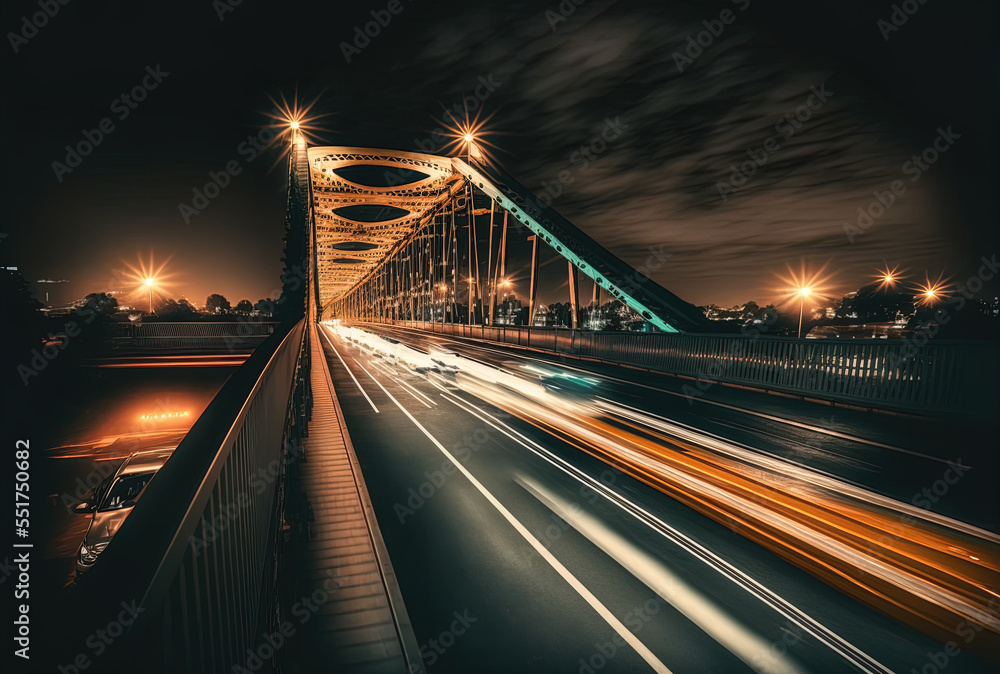 Obraz premium vehicles on a bridge at night with blur. Generative AI