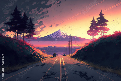 Dawn Road Views. Clear Sunny day, Sky with Movie Atmosphere and Wonderful Cloud, Beautiful Colorful Landscape, Anime Comic Style Art. For Poster, Novel, UI, WEB, Game, Design