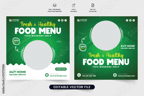 Fresh and healthy food menu social media post design for the restaurants. Food menu discount template design with green and white colors. Online food business promotion template vector.