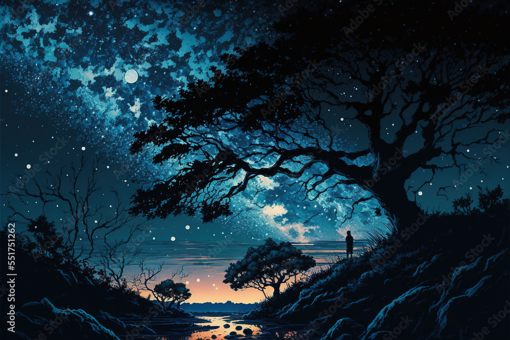 Clear Night with galaxy, Sky with Movie Atmosphere and Wonderful Cloud, Beautiful Colorful Landscape, Anime Comic Style Art. For Poster, Novel, UI, WEB, Game, Design