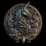 Metal badge medal with unicorn and patterns in black background