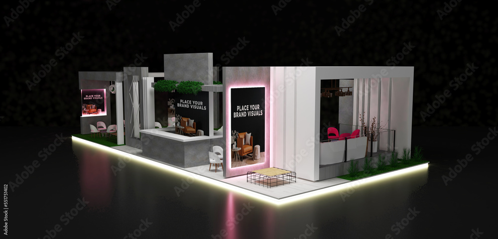 Tarde exhibition booth lounge for brands. 3D Rendering - obrazy, fototapety, plakaty 