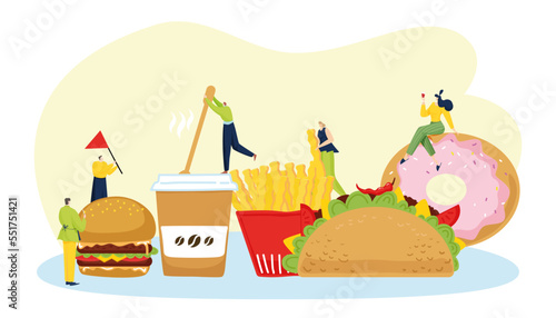 Fast food, tiny people character together eat trash foodstuff burger, french fries, donuts and tacos flat vector illustration, isolated on white.