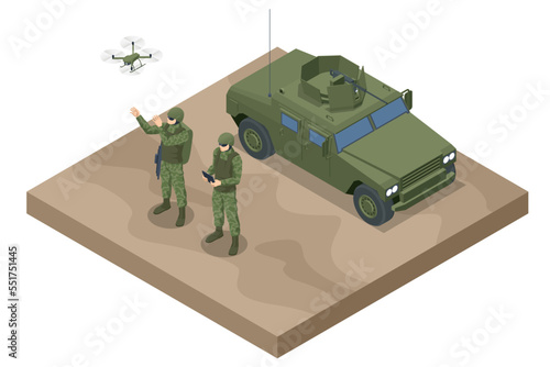 Isometric Soldiers with a drone. Special force crew. Military concept for army, soldiers and war. Artillery support and correction