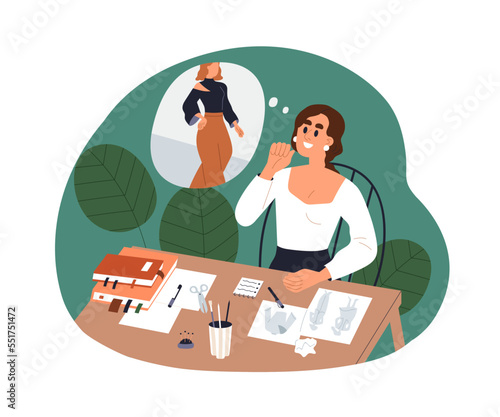 Fashion designer drawing sketches of clothes. Creative work of designing new collection of garments. Woman creating apparel. Creation process. Flat vector illustration isolated on white background
