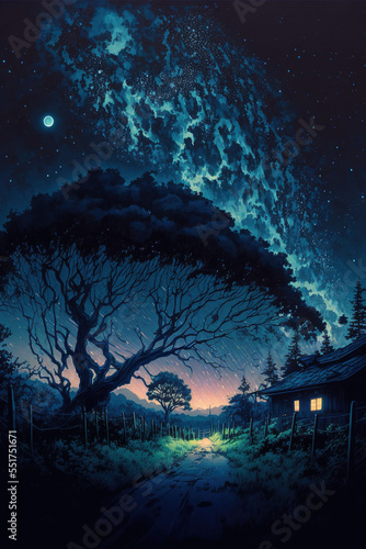Clear Night with galaxy, Sky with Movie Atmosphere and Wonderful Cloud, Beautiful Colorful Landscape, Anime Comic Style Art. For Poster, Novel, UI, WEB, Game, Design