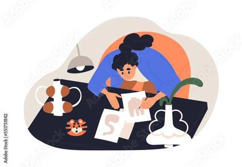 Ceramics designer drawing pottery sketches. Creative woman designing, developing porcelain and clay tableware. Person creating vase style. Flat vector illustration isolated on white background