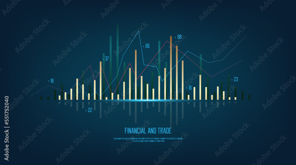 Trading bar chart, a Stock market and forex trading bar charts concept for financial investment, Economic trends chart, Abstract finance on blue background. Vector illustration.