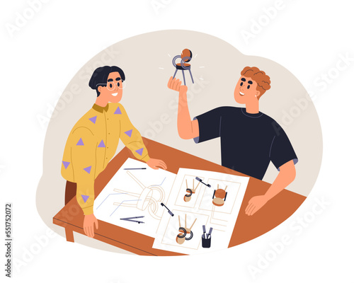 Creative designers during furniture design process, drawing sketch, draft for production. Artisan with chair prototype, works under project. Flat vector illustration isolated on white background