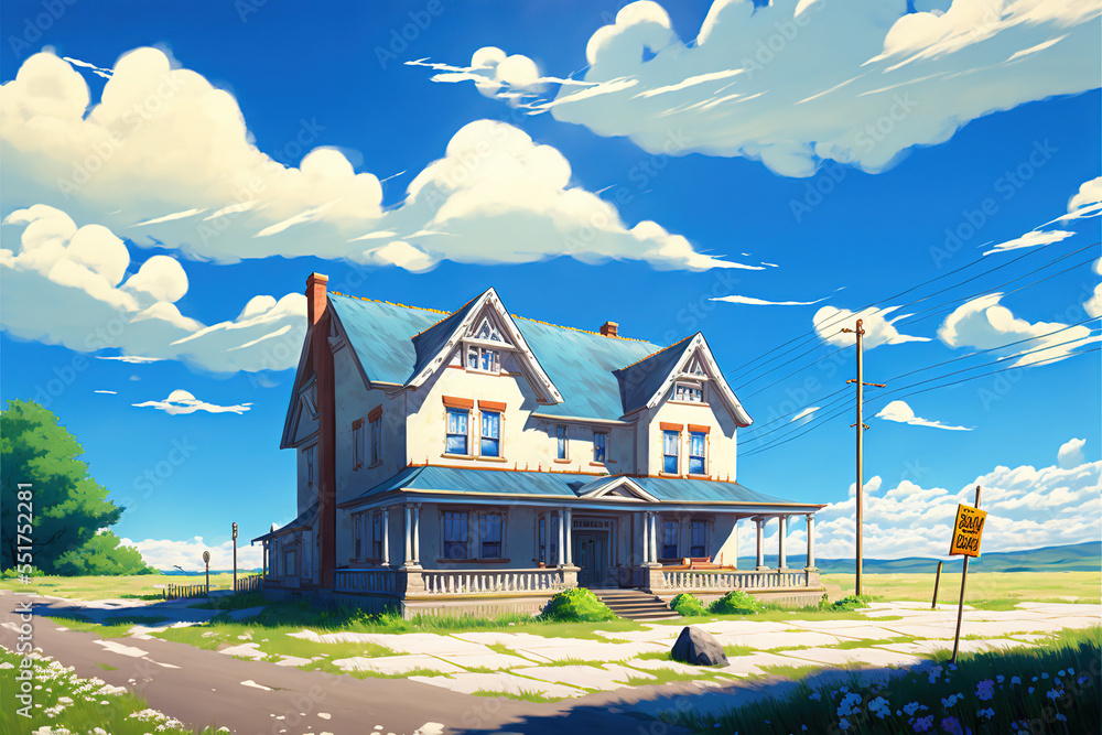 Country house at Nature. Clear Sunny day, Sky with Movie Atmosphere and  Wonderful Cloud, Beautiful Colorful Landscape, Anime Comic Style Art. For  Poster, Novel, UI, WEB, Game, Design Stock Illustration | Adobe