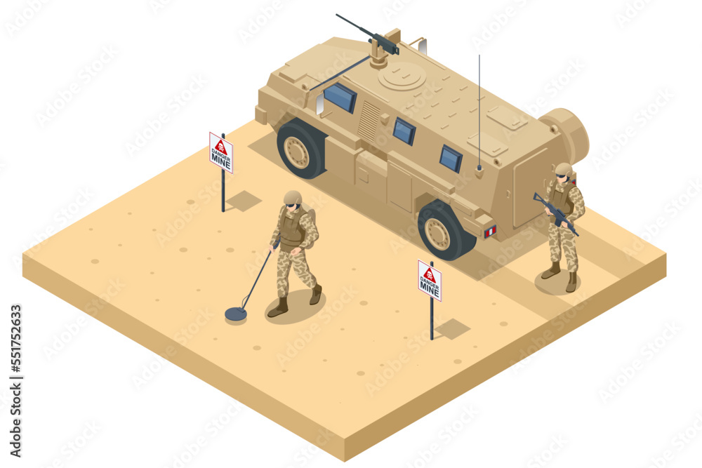Isometric Soldiers Mine. Military landmine clearing equipment. Special
