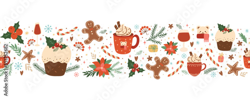 Christmas cake, pudding, food, coffee, gingerbread seamless border with winter holiday floral decorative elements. Baked Christmas dessert, hot winter drink. Horizontal repeat vector illustration