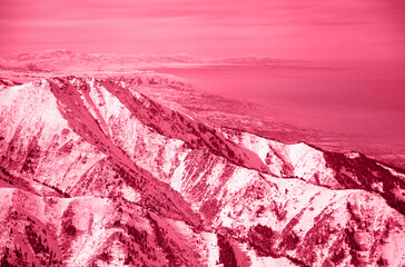 Foto auf Acrylglas Pantone 2023 Viva Magenta Beautiful winter mountains. Viva Magenta - trendy color of 2023 year.  © Slepitssskaya