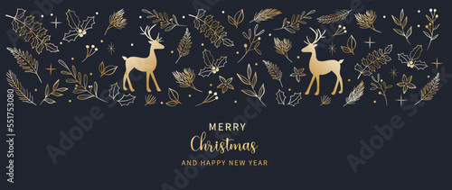 Luxury christmas and happy new year concept background vector. Elegant gradient gold reindeer, pine leaves, sparkle, holly, mistletoe on dark background. Design for wallpaper, card, cover, poster.