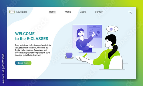 Welcome to the e-classes landing page, website template. Online education, homeschooling, distant training web banner with student learning at distance webinar cartoon thin line vector illustration