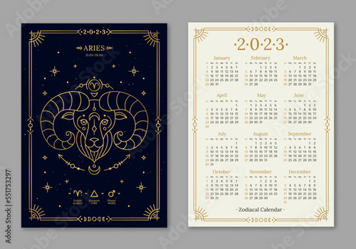 Year 2023 calendar template with Aries golden zodiac symbol. Pocket size dark navy color calendar with Ram horoscope sign. Week starts on Sunday thin line vector illustration