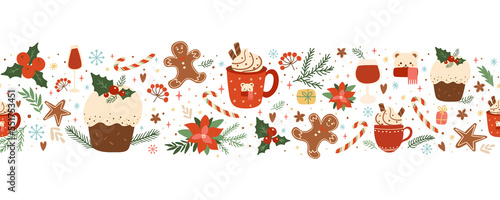 Christmas cake, pudding, food, coffee, gingerbread seamless border with winter holiday floral decorative elements. Baked Christmas dessert, hot winter drink. Horizontal repeat food illustration