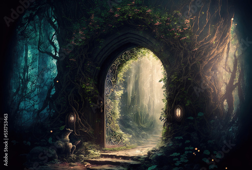 magic gateway in a fantasy. digital art. illustration. doorway to another realm in the elven woodland.. Generative AI