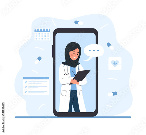 Online prescription. Arabian woman doctor on smartphone screen. Virtual medical consultation. Therapist writing medical recipe. Healthcare concept. Vector illustration in flat cartoon style.