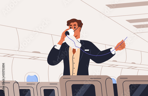 Flight attendant wears oxygen mask in air plane during safety instruction, demonstration for passengers. Steward instructing, demonstrating security rule in case of emergency. Flat vector illustration