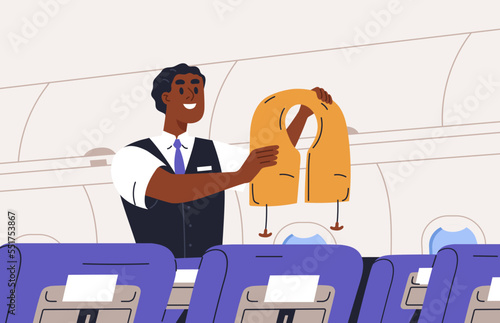 Steward during safety instructions in air plane, life vest demonstration. Flight attendant standing in airplane aisle, instructing, explaining security rules for emergency. Flat vector illustration