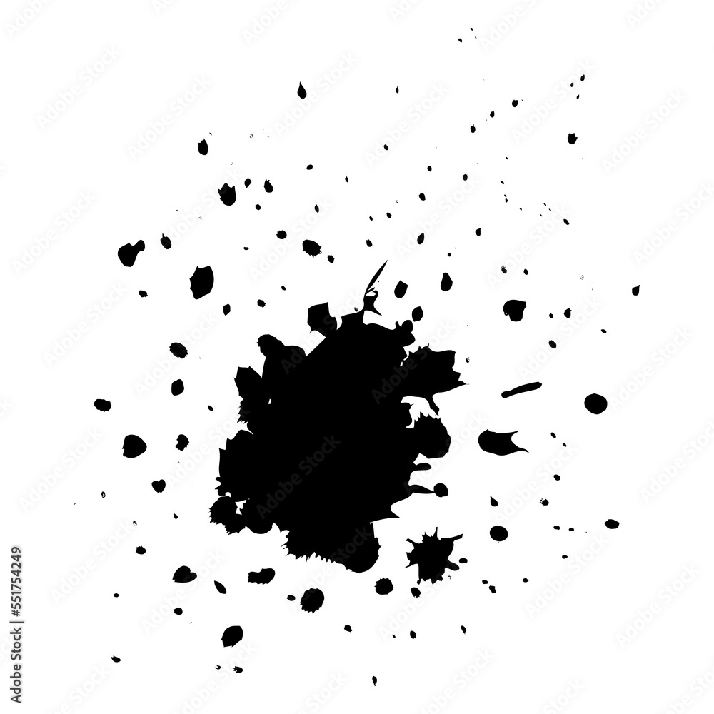 Spots. Splatter drops of liquid paint and ink splatter. Dirty grunge. Drop splash. Dirty ink stain.