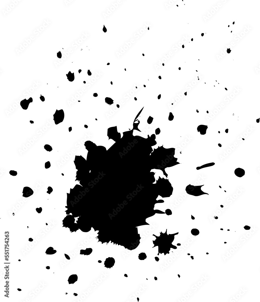 Fototapeta premium Spots. Splatter drops of liquid paint and ink splatter. Dirty grunge. Drop splash. Dirty ink stain.