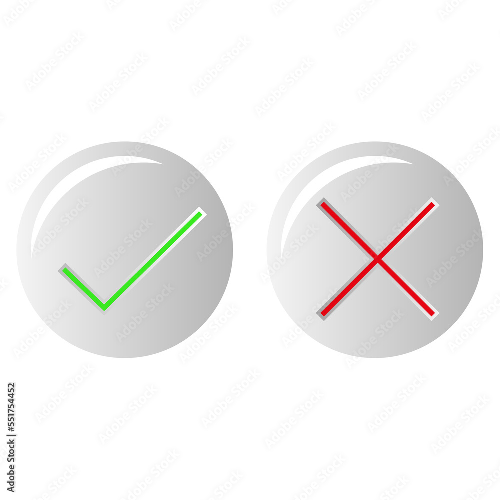 Accepted and rejected, tick and cross, approved and rejected, correct and incorrect, true and false. Green and red color. Accepted and rejected, tick and cross, approved and rejected, correct and incorrect, true and false. Green and red color.