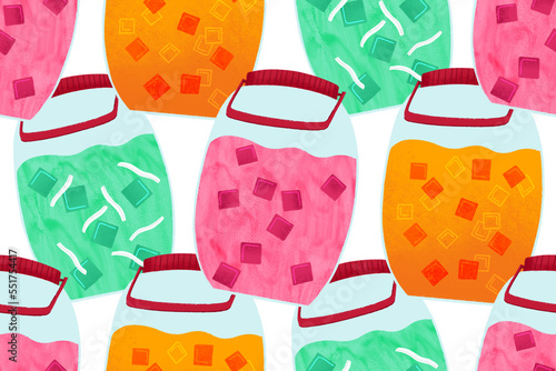 Filipino samalamig sweet chilled beverages in buko pandan, orange, and pink gulaman in jars illustrated pattern photo