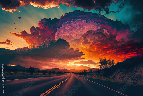 Amazing and colorful clouds with a sunset above a highway.. Generative AI