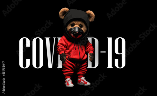 The bear is dressed in red sports pants and a sweatshirt with a medical mask on his face. Vector illustration
