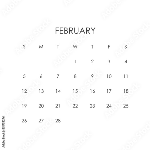 February 2023 calendar template. Layout for February 2023. Printable monthly planner. Desk calendar design. Start of the week on Sunday