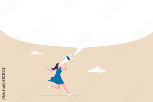 Woman speak out or speak up to communicate, telling the truth or big announcement, voice to be heard, female leadership or message concept, businesswoman speak out on megaphone with big speech bubble. photo